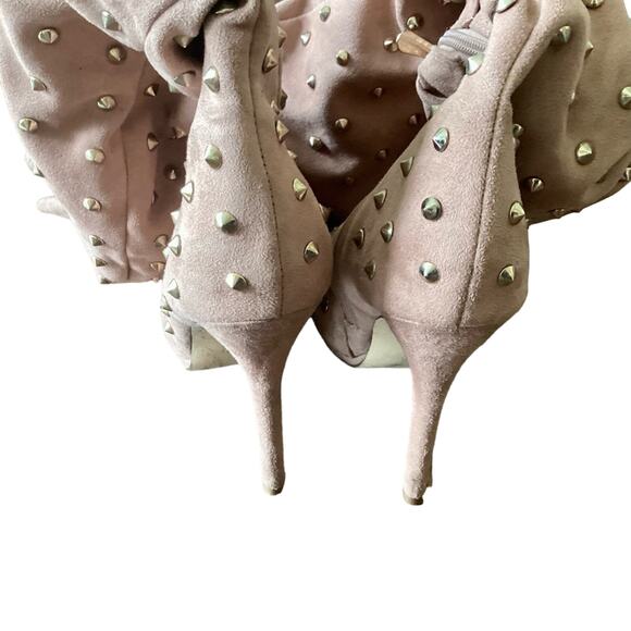 Liliana Vegan Suede Over the Knee Golden Tacks Peep Toe Boots - Picture 9 of 10